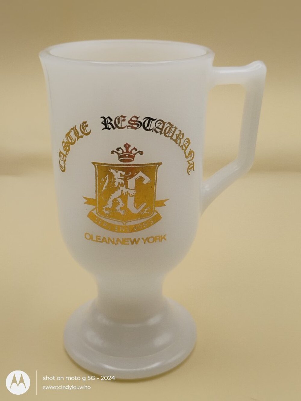 vintage Castle Restaurant Irish Coffee pedestal mug milk glass w gold insignia